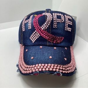 NEW Distressed Denim Rhinestone Bling Hope Breast Cancer Awareness Baseball Cap